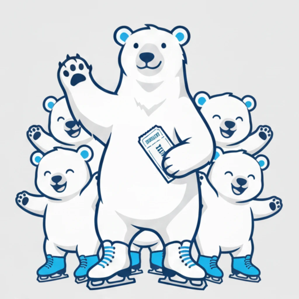 Logo van Ijspistes. Je ziet de beer van Polar-Bear Company met daarachter allemaal kleine beertjes. Iedereen gelukkig en grote beer heeft het ticjet vast.